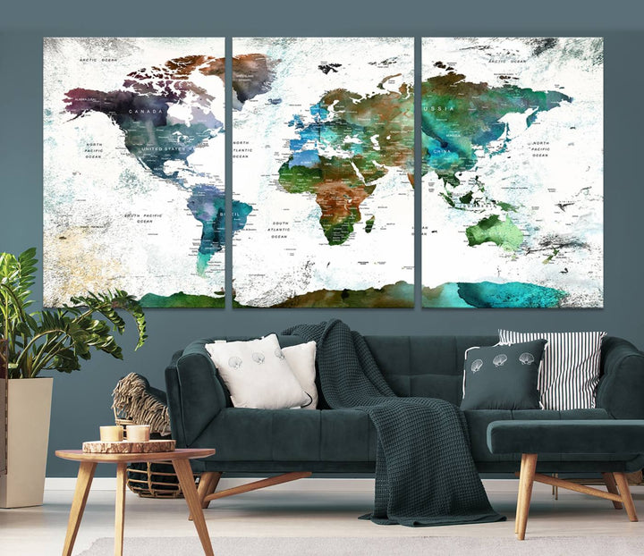 Watercolor World Map Wall Art Canvas Print