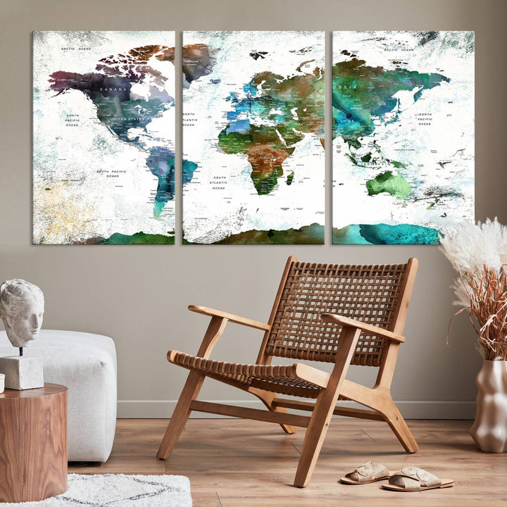 Watercolor World Map Wall Art Canvas Print