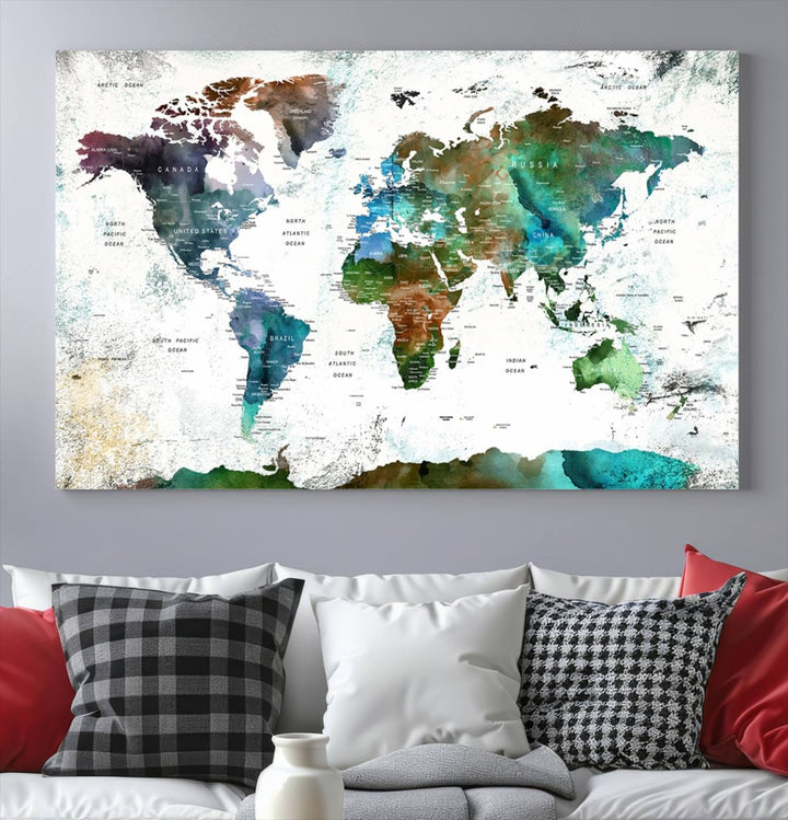 Watercolor World Map Wall Art Canvas Print