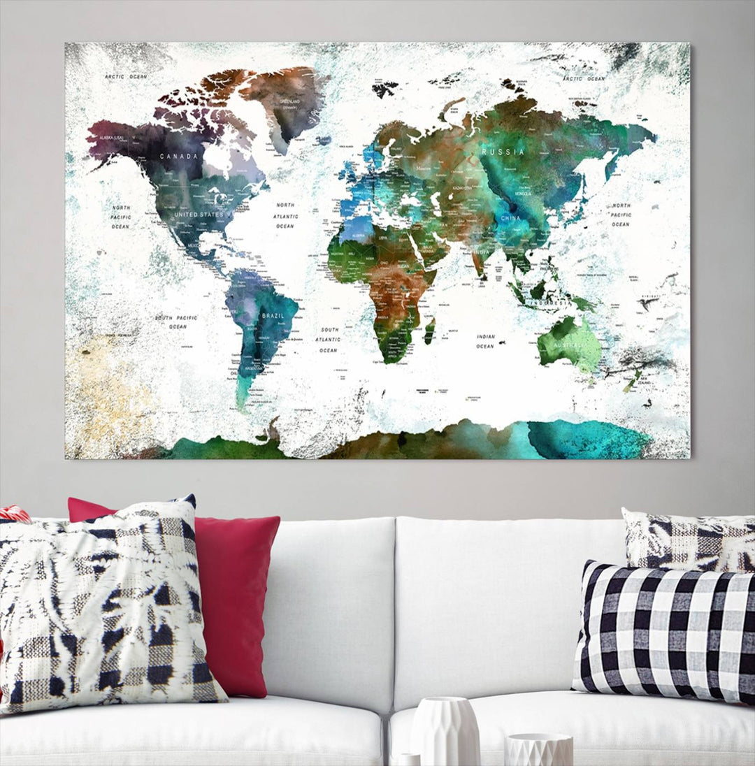 Watercolor World Map Wall Art Canvas Print