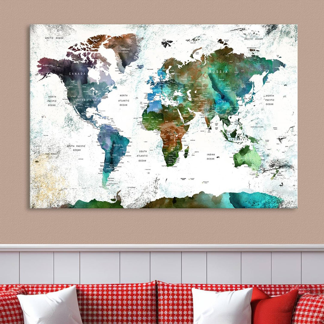 Watercolor World Map Wall Art Canvas Print