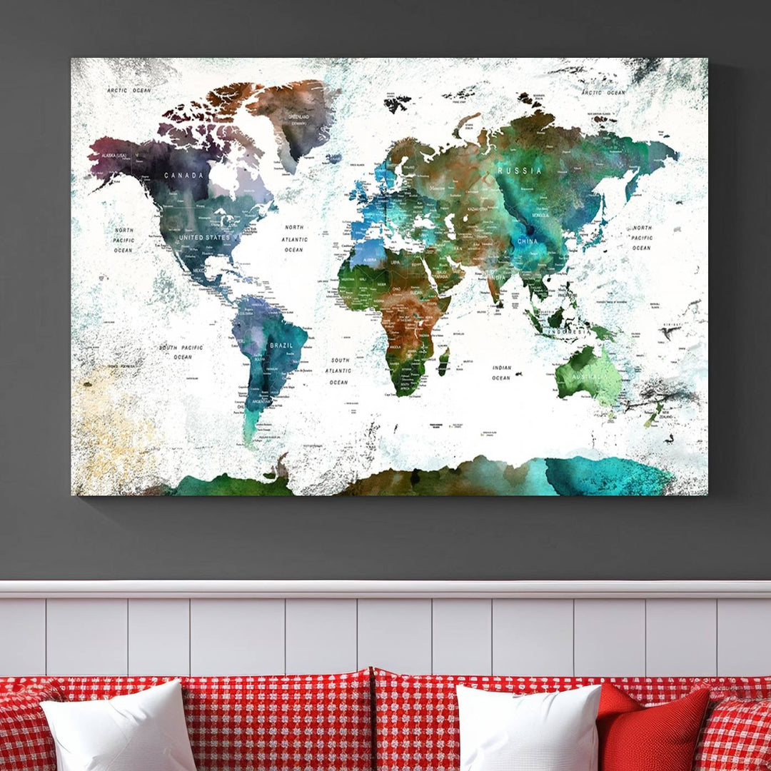 Watercolor World Map Wall Art Canvas Print