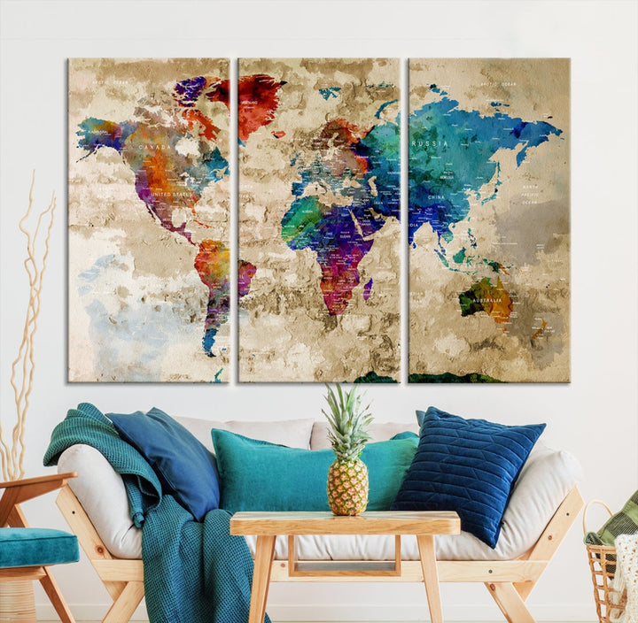 Watercolor World Map Wall Art Canvas Print with Country Names and Cities