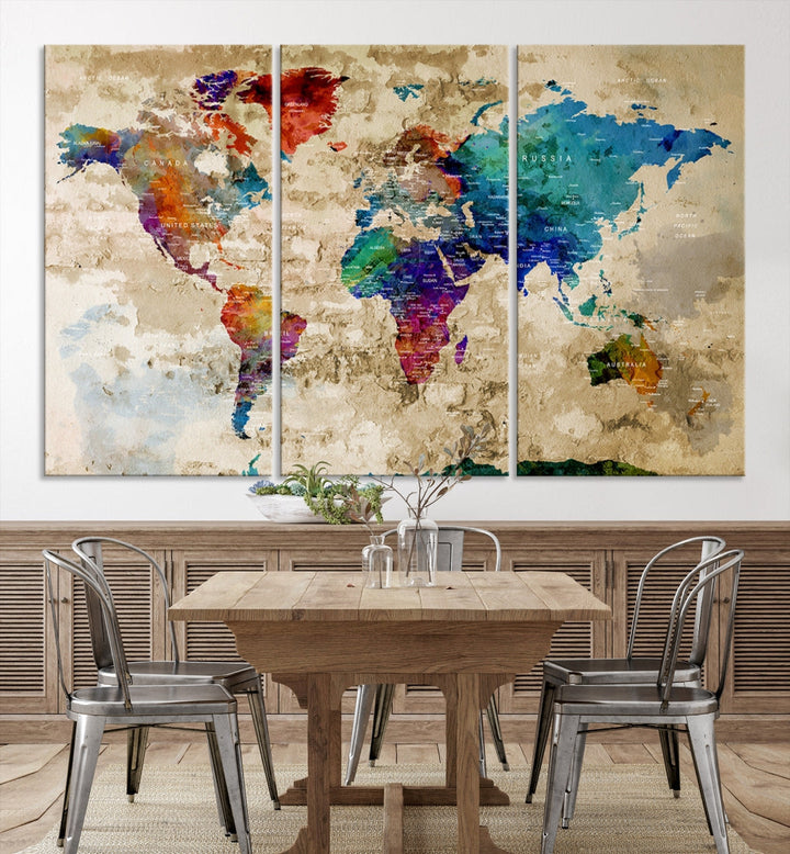 Watercolor World Map Wall Art Canvas Print with Country Names and Cities