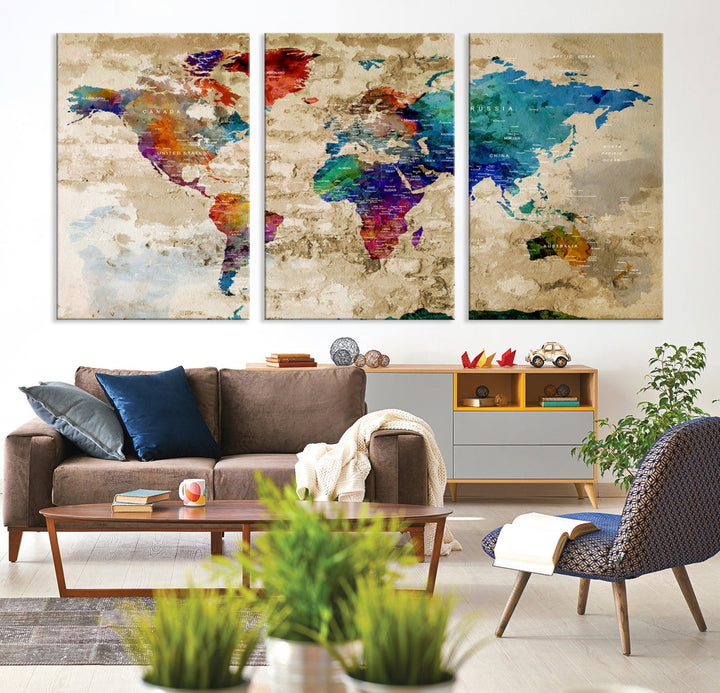 Watercolor World Map Wall Art Canvas Print with Country Names and Cities