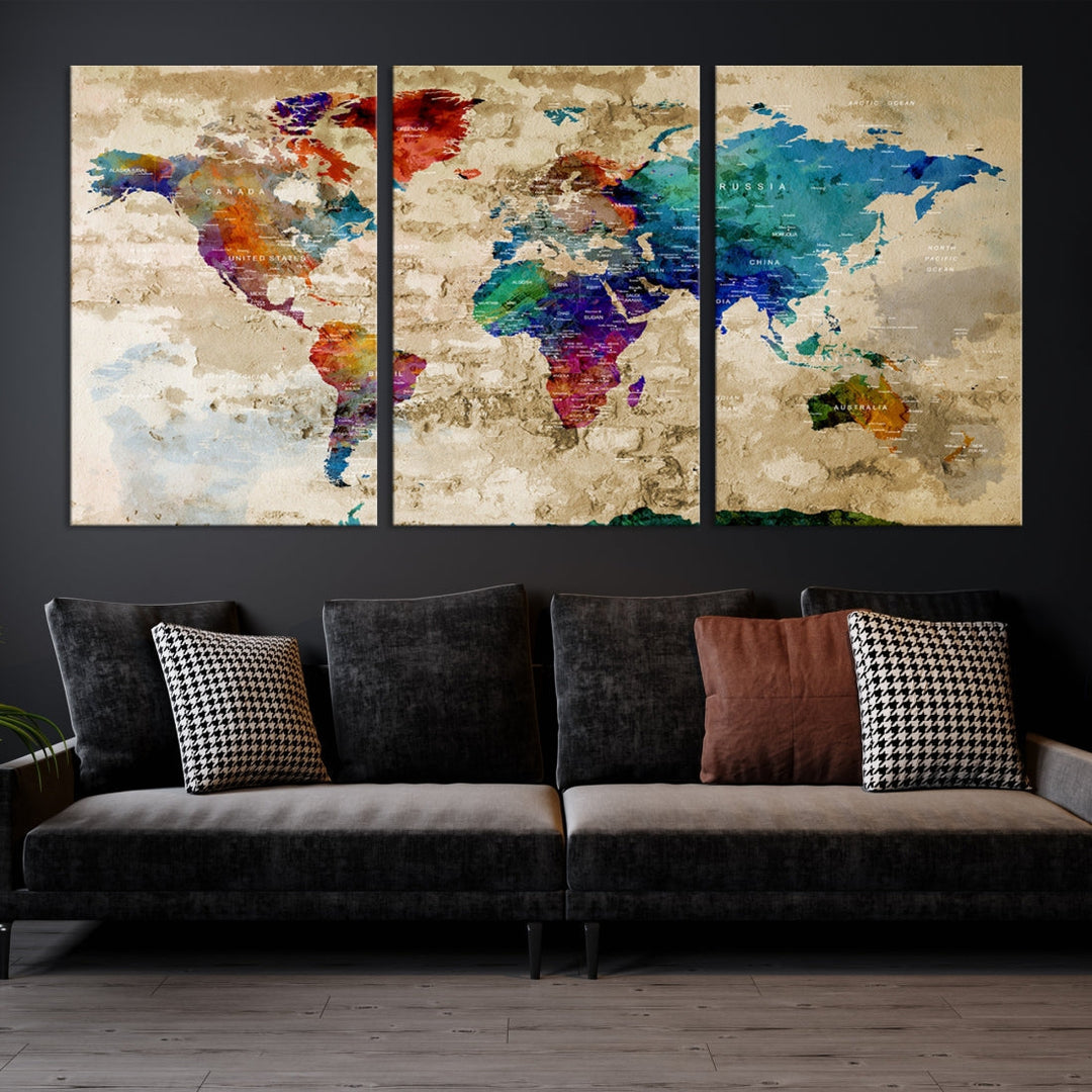 Watercolor World Map Wall Art Canvas Print with Country Names and Cities