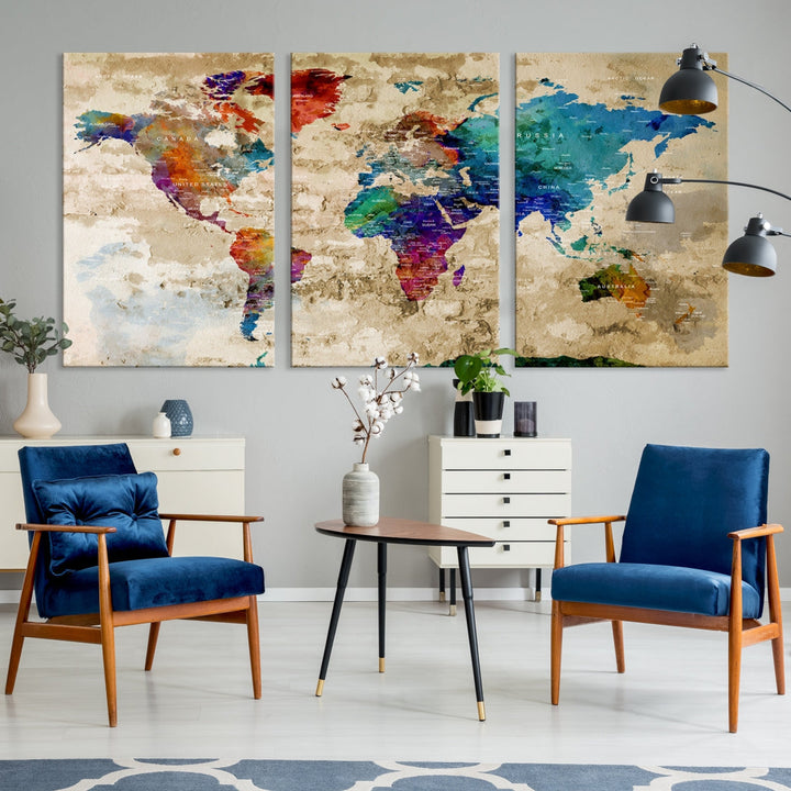 Watercolor World Map Wall Art Canvas Print with Country Names and Cities