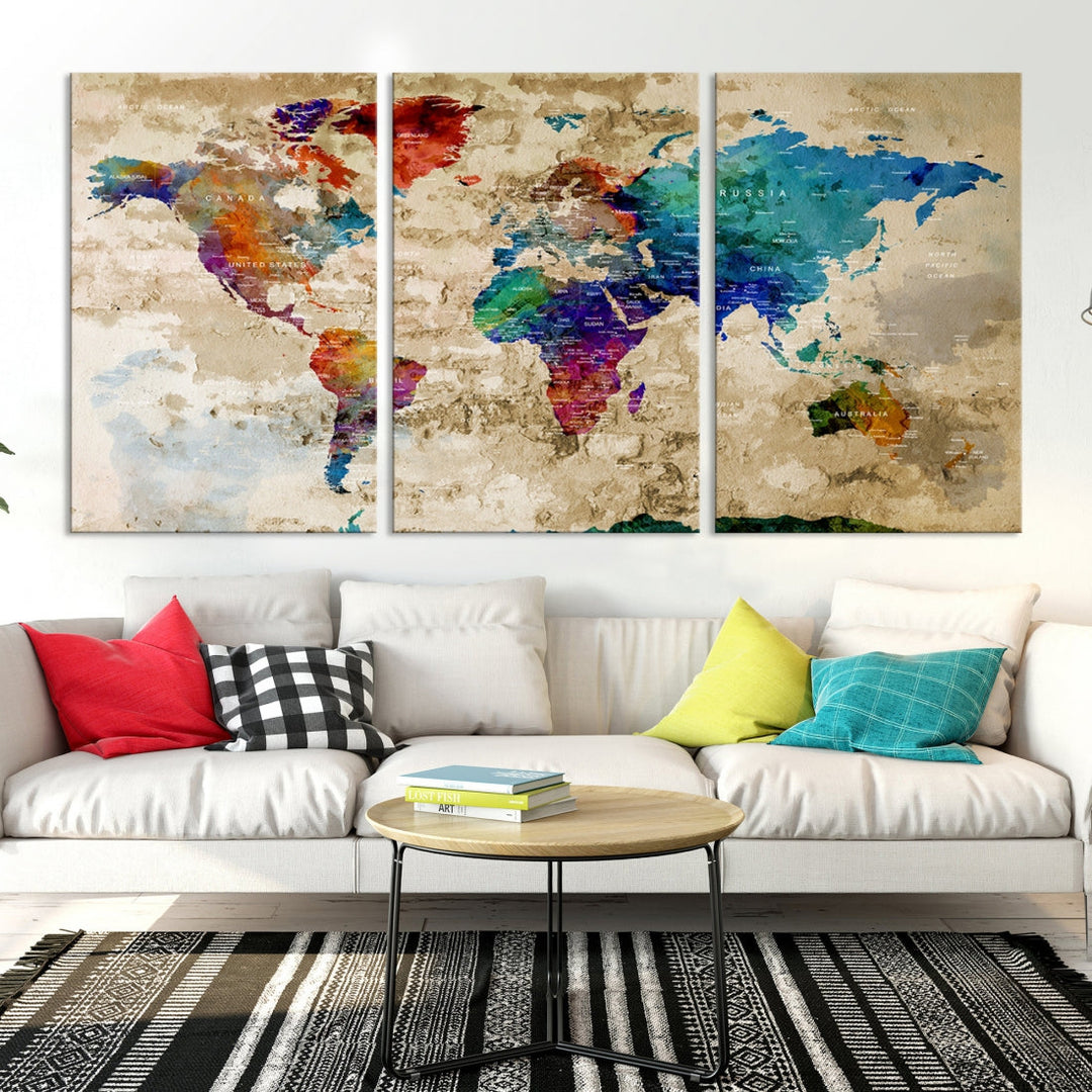 Watercolor World Map Wall Art Canvas Print with Country Names and Cities