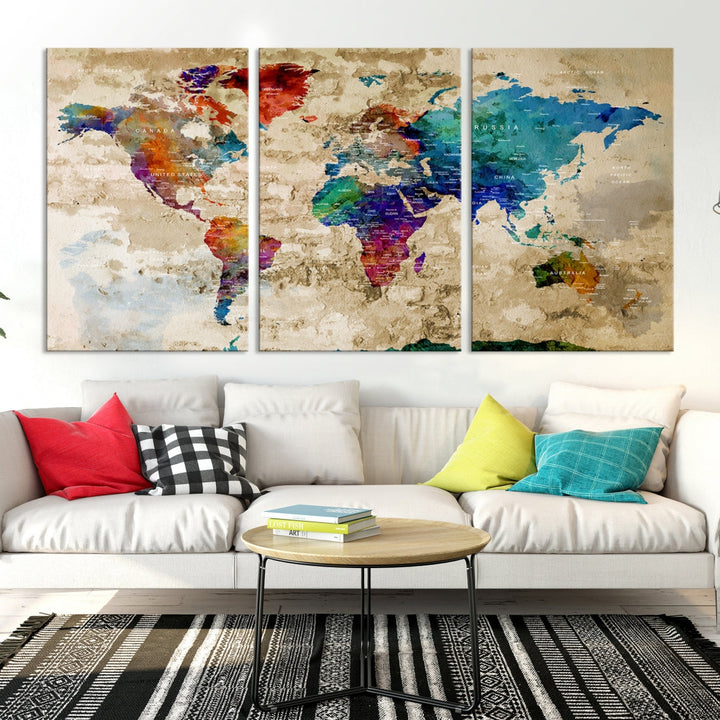 Watercolor World Map Wall Art Canvas Print with Country Names and Cities