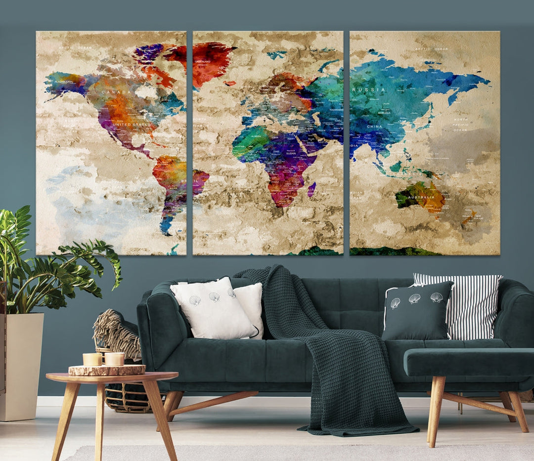 Watercolor World Map Wall Art Canvas Print with Country Names and Cities