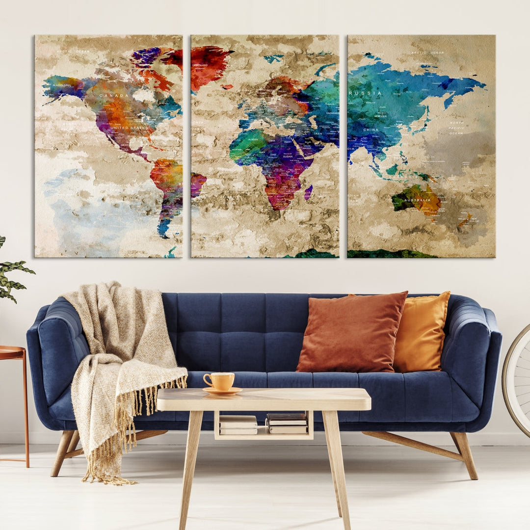 Watercolor World Map Wall Art Canvas Print with Country Names and Cities