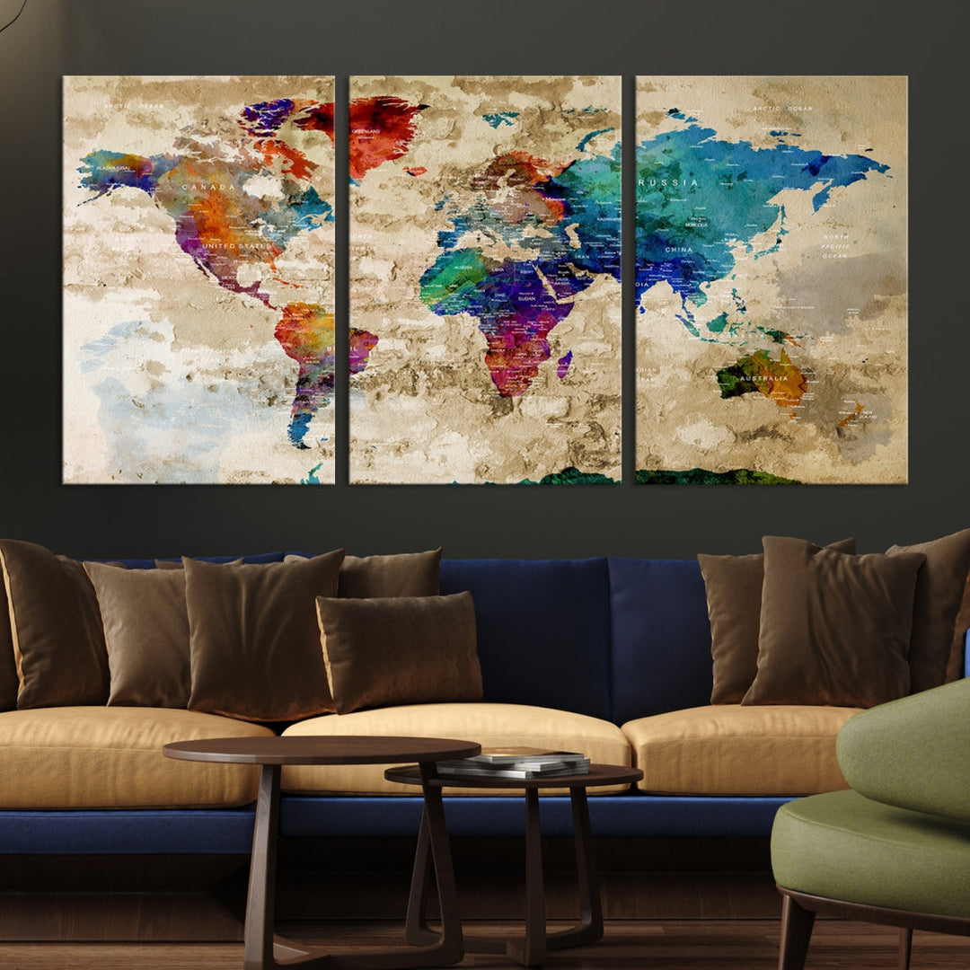 Watercolor World Map Wall Art Canvas Print with Country Names and Cities