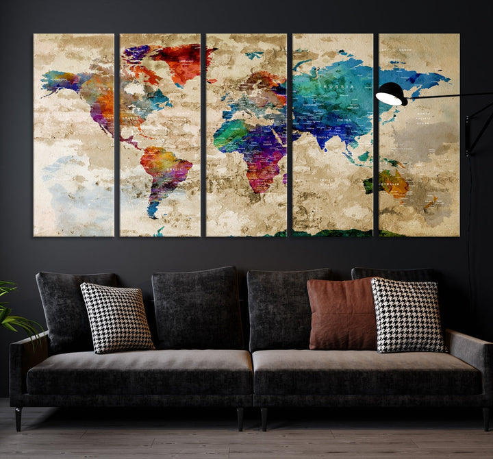 Watercolor World Map Wall Art Canvas Print with Country Names and Cities