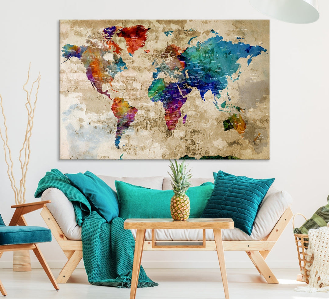 Watercolor World Map Wall Art Canvas Print with Country Names and Cities