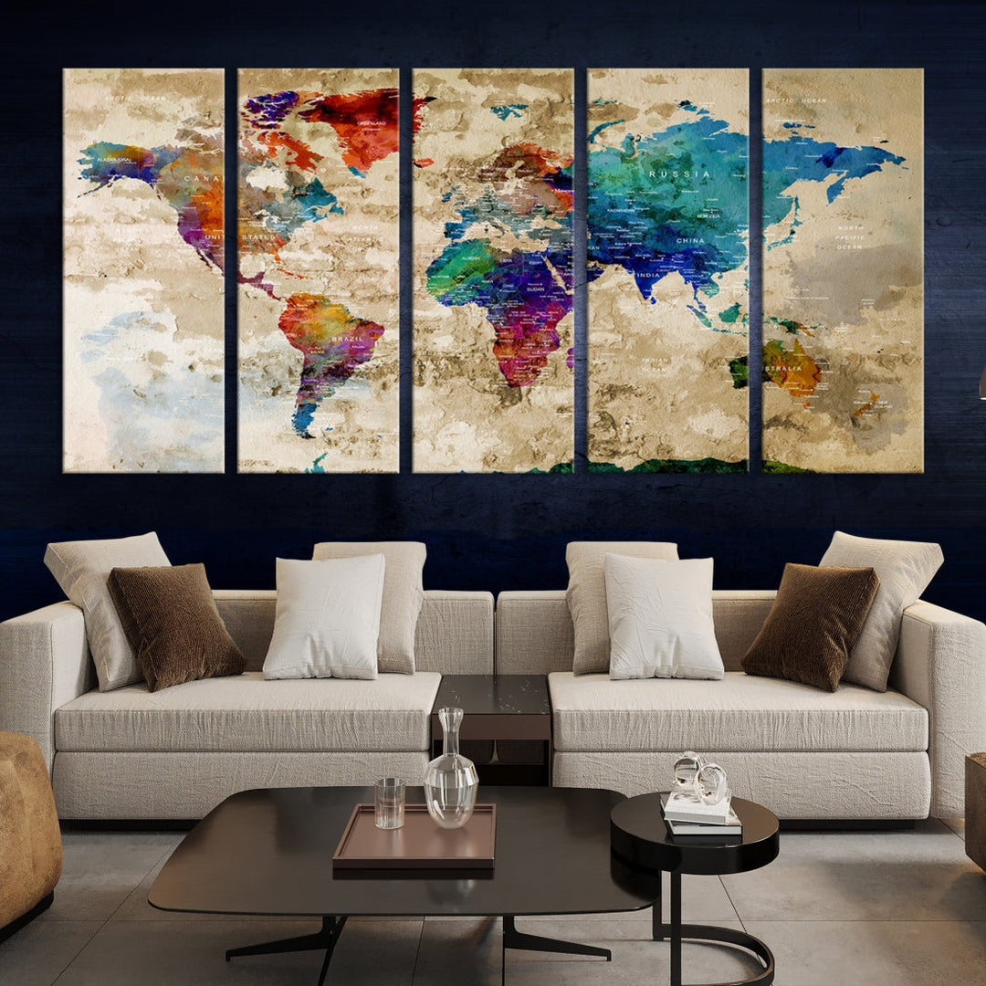 Watercolor World Map Wall Art Canvas Print with Country Names and Cities