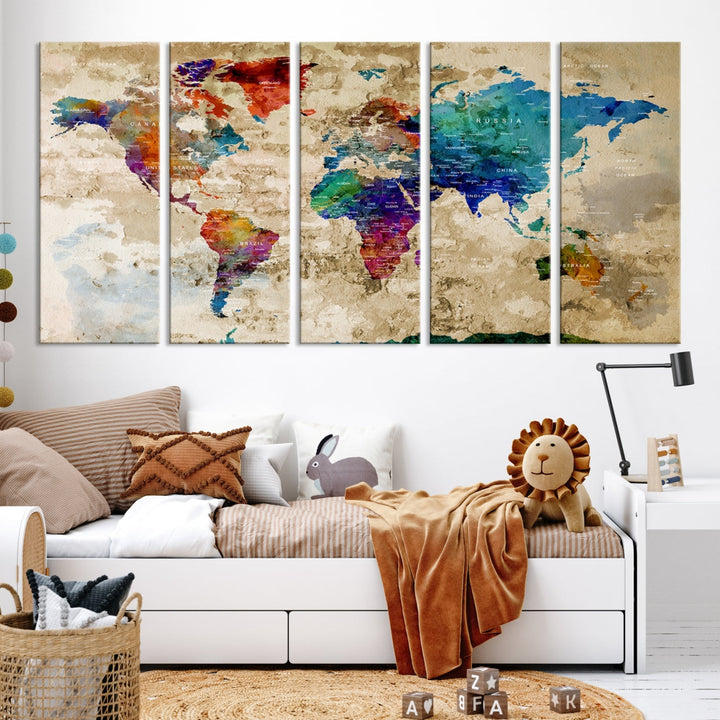 Watercolor World Map Wall Art Canvas Print with Country Names and Cities