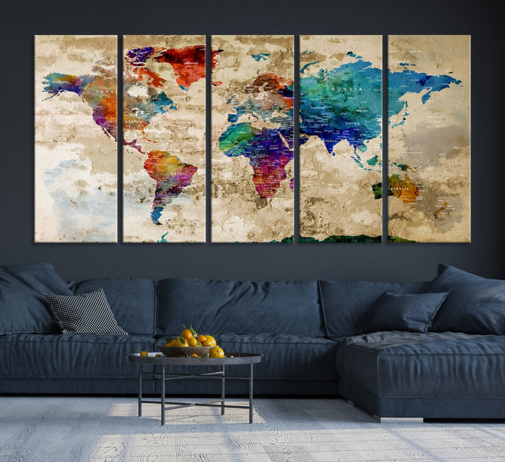 Watercolor World Map Wall Art Canvas Print with Country Names and Cities