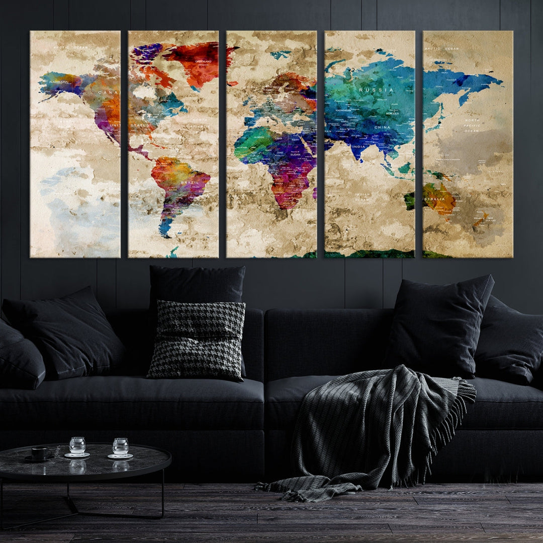 Watercolor World Map Wall Art Canvas Print with Country Names and Cities