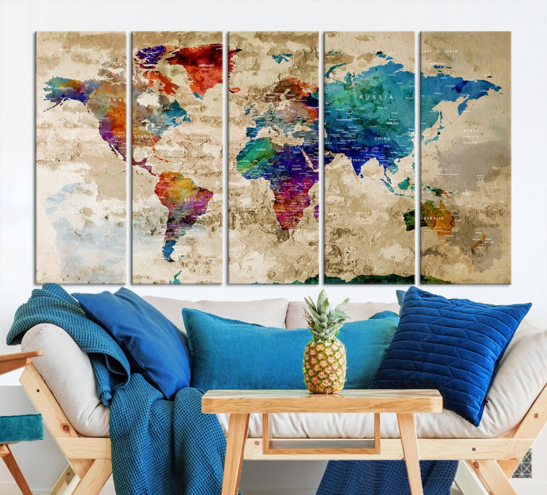 Watercolor World Map Wall Art Canvas Print with Country Names and Cities