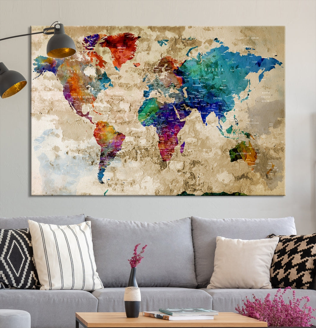 Watercolor World Map Wall Art Canvas Print with Country Names and Cities