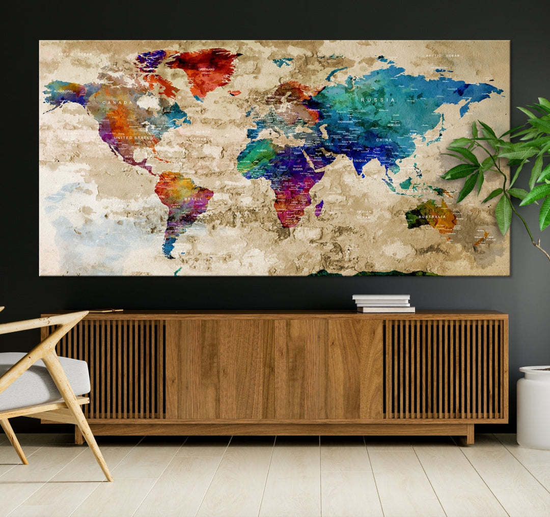 Watercolor World Map Wall Art Canvas Print with Country Names and Cities