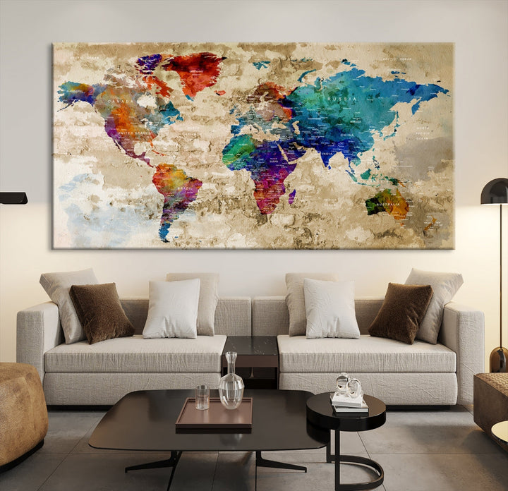 Watercolor World Map Wall Art Canvas Print with Country Names and Cities