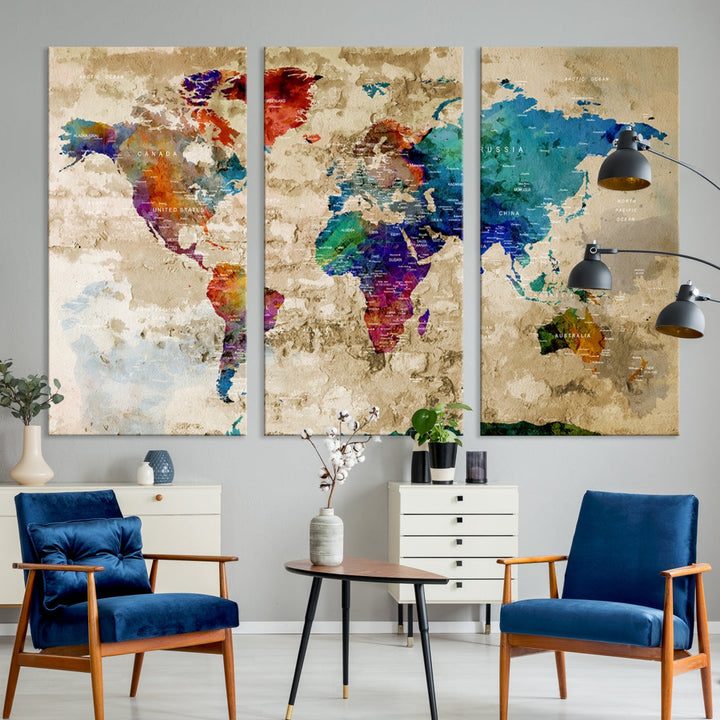 Watercolor World Map Wall Art Canvas Print with Country Names and Cities