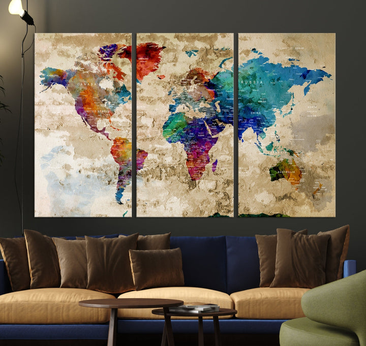 Watercolor World Map Wall Art Canvas Print with Country Names and Cities