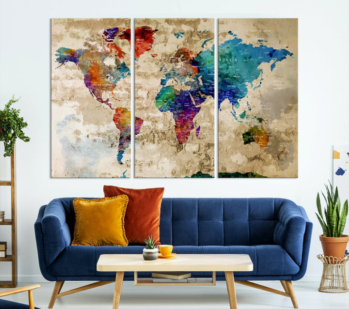 Watercolor World Map Wall Art Canvas Print with Country Names and Cities