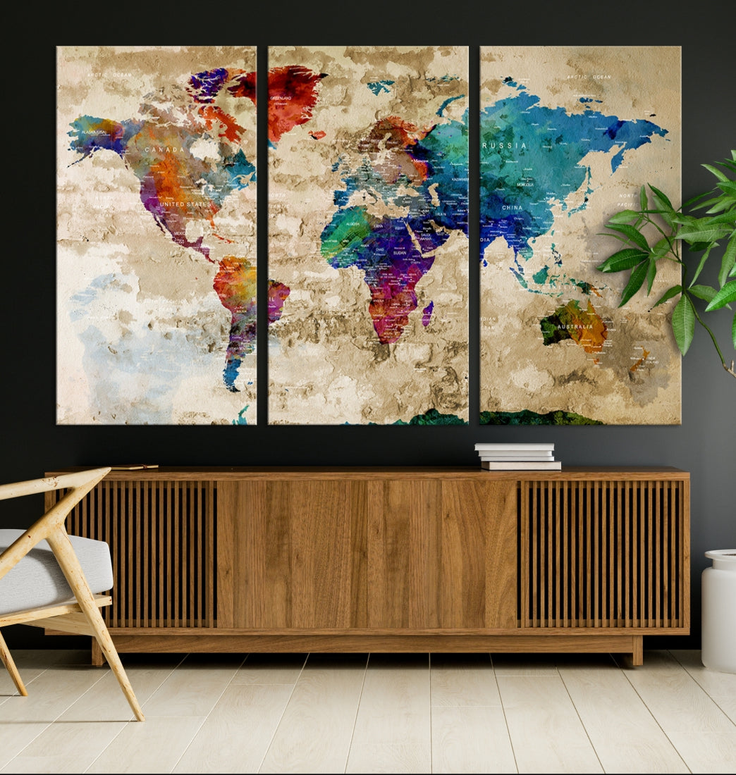 Watercolor World Map Wall Art Canvas Print with Country Names and Cities