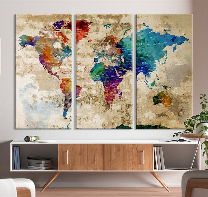 Watercolor World Map Wall Art Canvas Print with Country Names and Cities