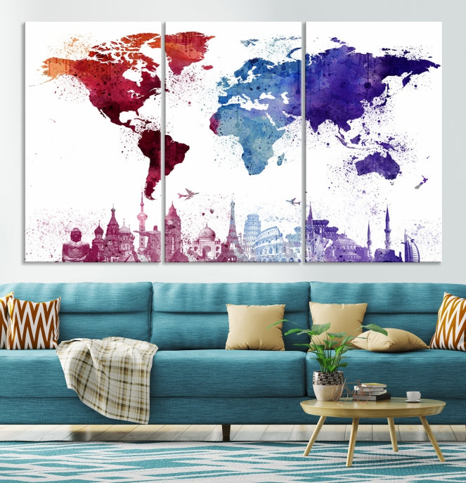 Watercolor World Map with Landmarks Canvas Wall Art Giclee Print