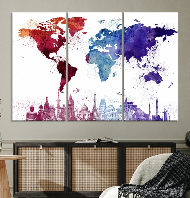 Watercolor World Map with Landmarks Canvas Wall Art Giclee Print