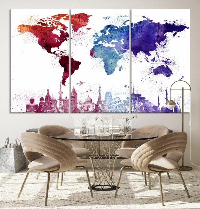 Watercolor World Map with Landmarks Canvas Wall Art Giclee Print