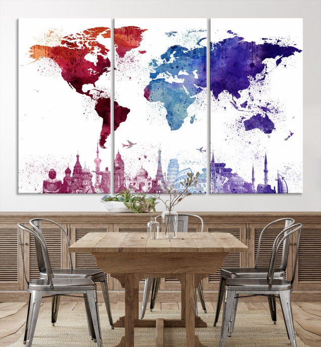 Watercolor World Map with Landmarks Canvas Wall Art Giclee Print