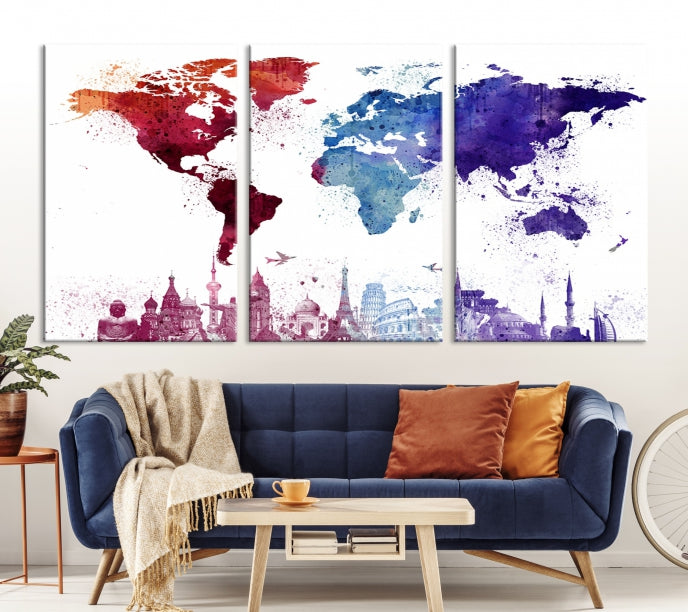 Watercolor World Map with Landmarks Canvas Wall Art Giclee Print