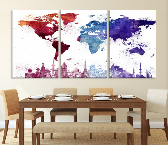 Watercolor World Map with Landmarks Canvas Wall Art Giclee Print