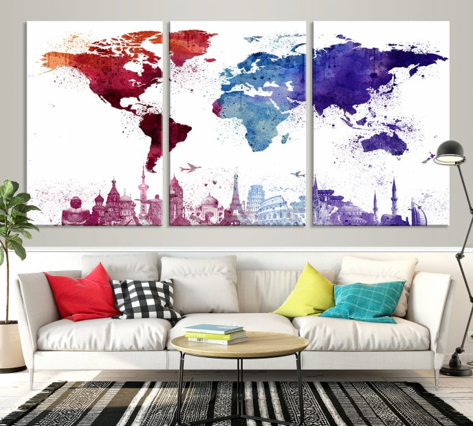 Watercolor World Map with Landmarks Canvas Wall Art Giclee Print