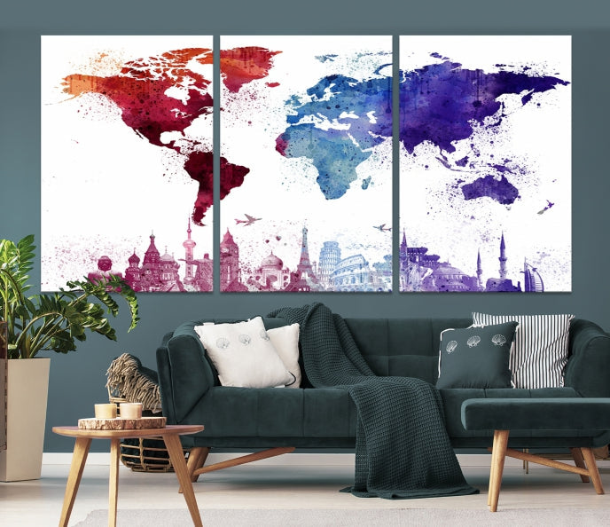 Watercolor World Map with Landmarks Canvas Wall Art Giclee Print