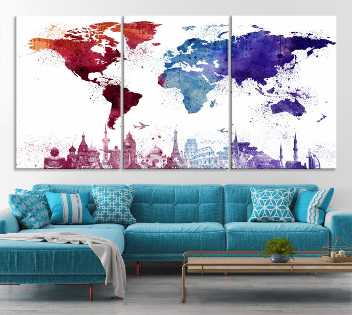 Watercolor World Map with Landmarks Canvas Wall Art Giclee Print