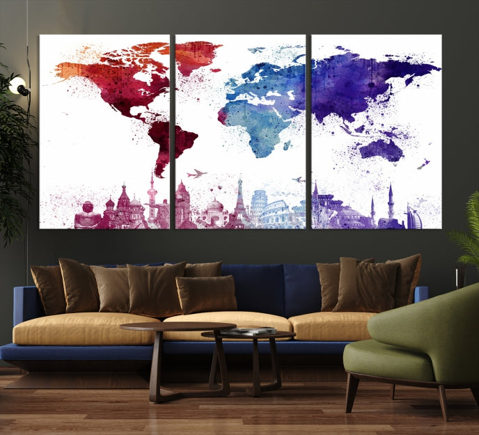 Watercolor World Map with Landmarks Canvas Wall Art Giclee Print