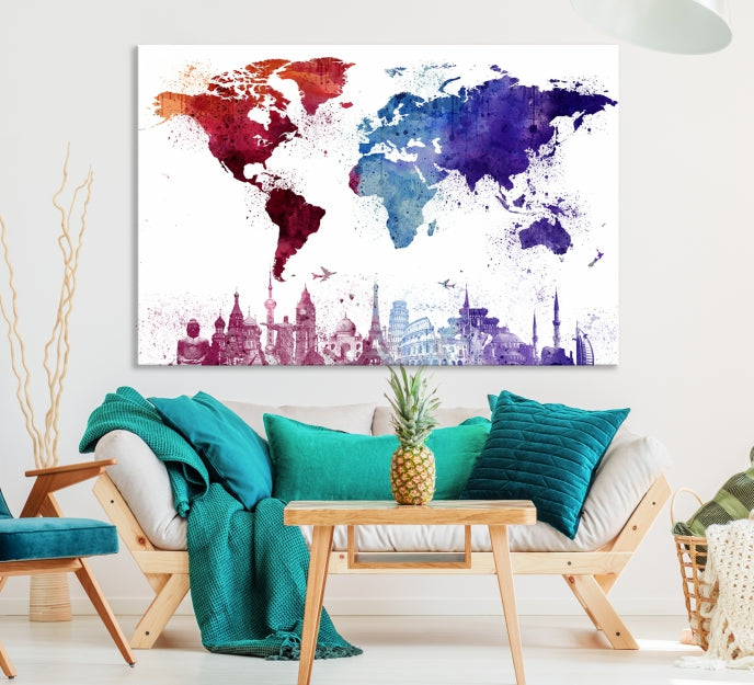 Watercolor World Map with Landmarks Canvas Wall Art Giclee Print