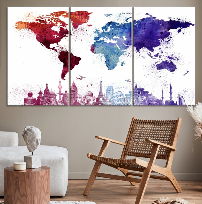 Watercolor World Map with Landmarks Canvas Wall Art Giclee Print