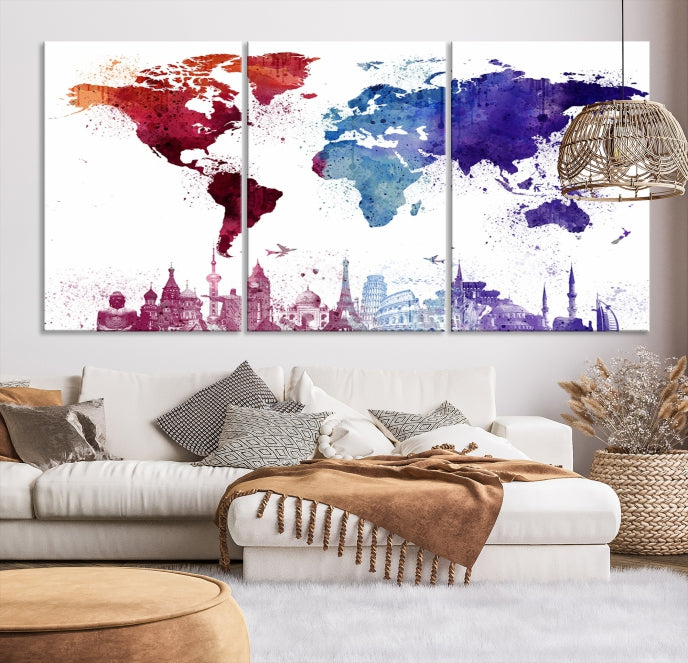 Watercolor World Map with Landmarks Canvas Wall Art Giclee Print