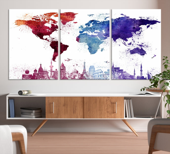 Watercolor World Map with Landmarks Canvas Wall Art Giclee Print