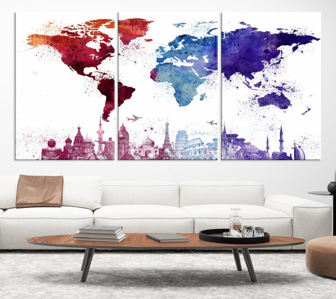 Watercolor World Map with Landmarks Canvas Wall Art Giclee Print