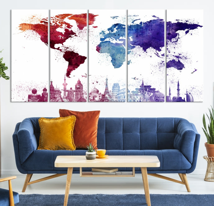 Watercolor World Map with Landmarks Canvas Wall Art Giclee Print