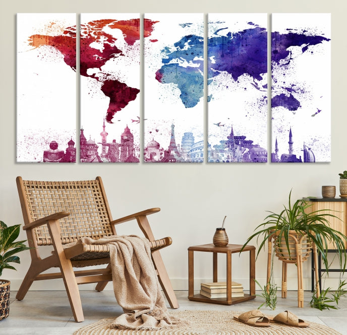 Watercolor World Map with Landmarks Canvas Wall Art Giclee Print