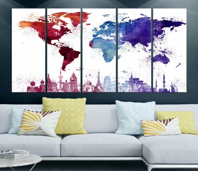 Watercolor World Map with Landmarks Canvas Wall Art Giclee Print