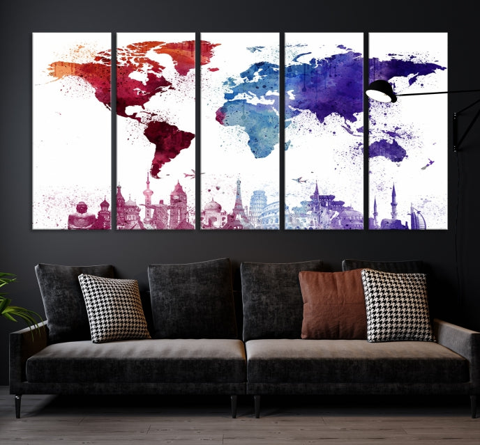 Watercolor World Map with Landmarks Canvas Wall Art Giclee Print